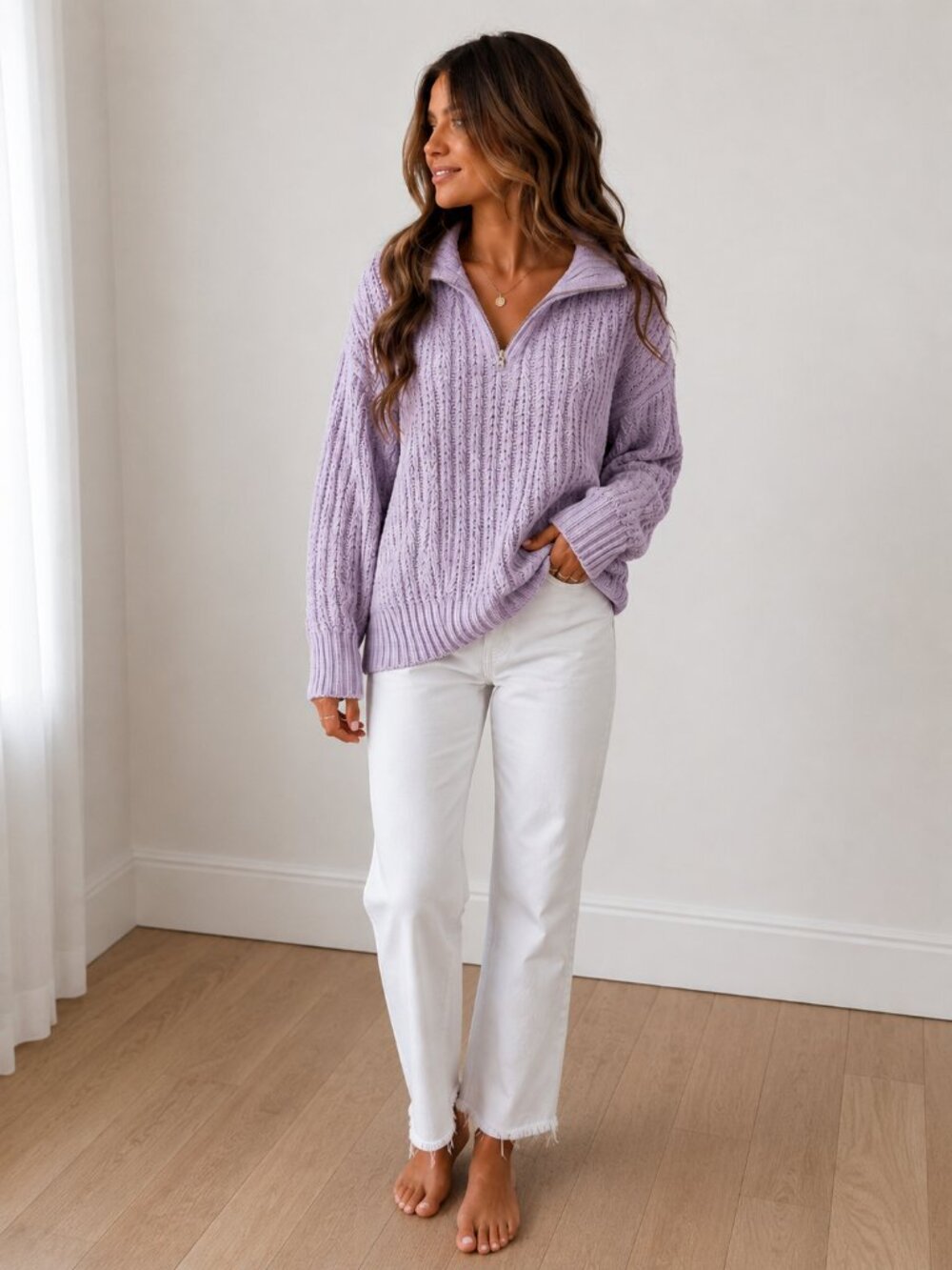 aerie Lavender Open-Knit Pullover Sweater
